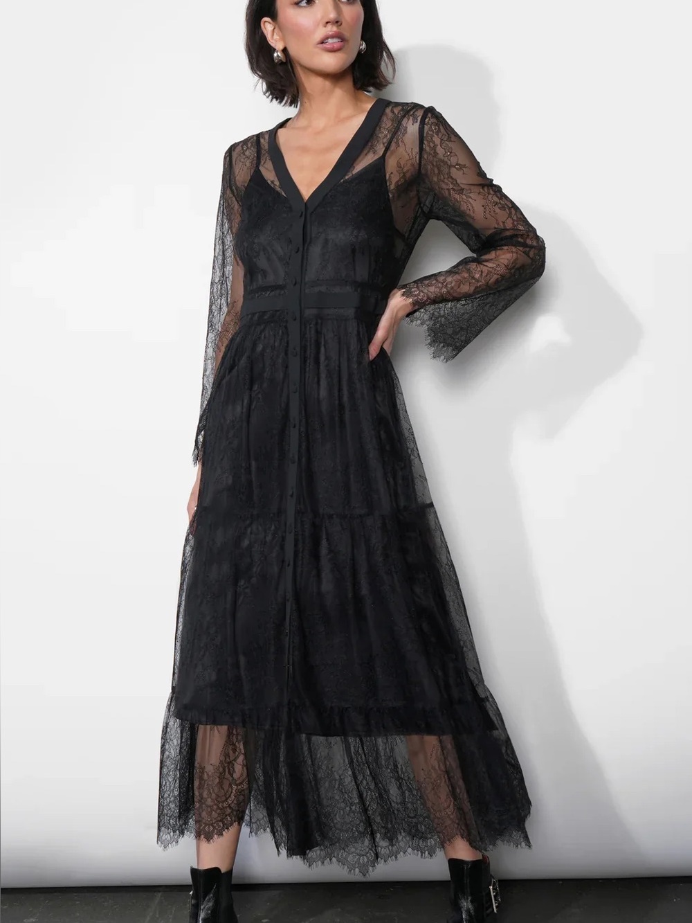 Greylin Black Lace Tiered Maxi Dress